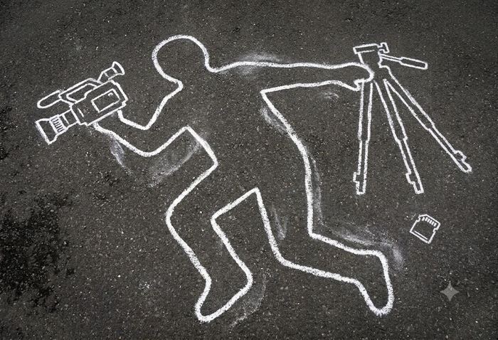 Kreide-Umriss eines Kameramanns mit Kamera und Stativ auf Asphalt, im Stil eines Tatort-Umrisses